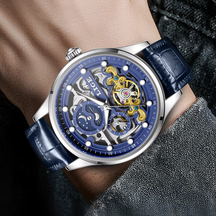 LIGE Armbanduhr Automatik, Schwarz Rot, Leder, Herren - Bild 3