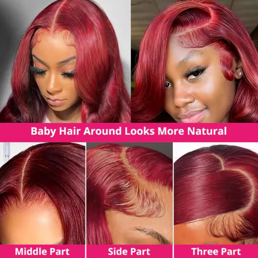 Sooolavely Echthaar-Perücke, Body Wave, Rot-Burgunder, Unisex - Bild 4