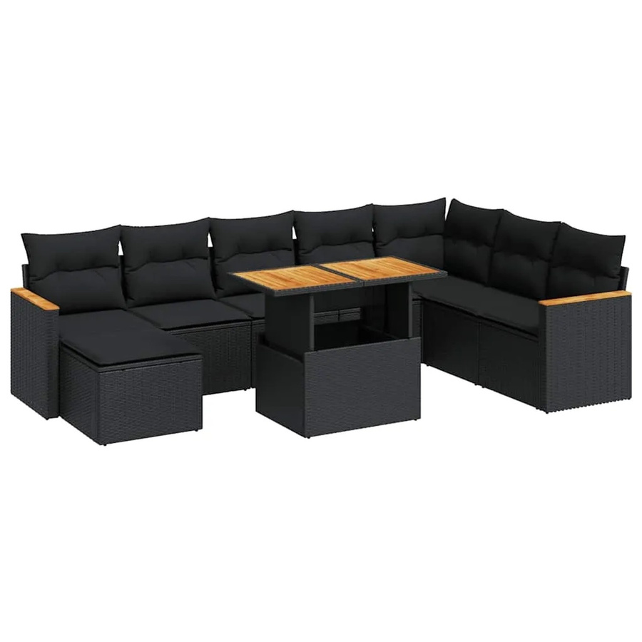 vidaXL 9-teilige Garten-Sofagarnitur aus Poly-Rattan und Akazienholz in Schwarz mit Kissen - Bild 2