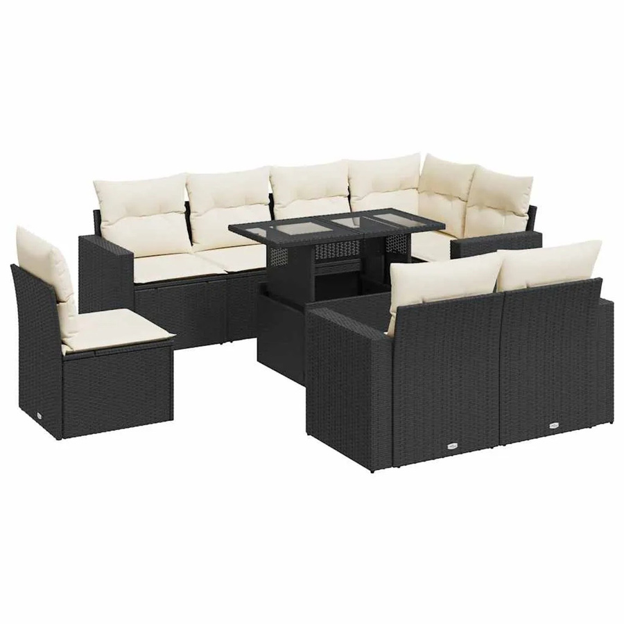 vidaXL 9-teilige Garten-Sofagarnitur in L-Form aus Poly-Rattan in Schwarz mit Kissen und Armlehnen - Bild 2