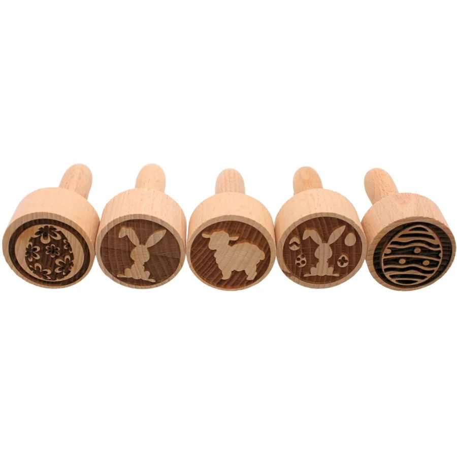 Dekohelden24 5er Set Teigstempel aus Holz mit Ostermotiven, Farbe: Braun, Maße eines Stempels L/B/H: 4 x 4 x 8 cm - Bild 2
