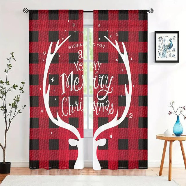2er-Set Weihnachts-Vorhänge mit Hirsch und Büffelkaromuster in Rot, halbtransparent, mit Rod Pocket, Breite: 150 cm, Höhe: 166 cm - Bild 1