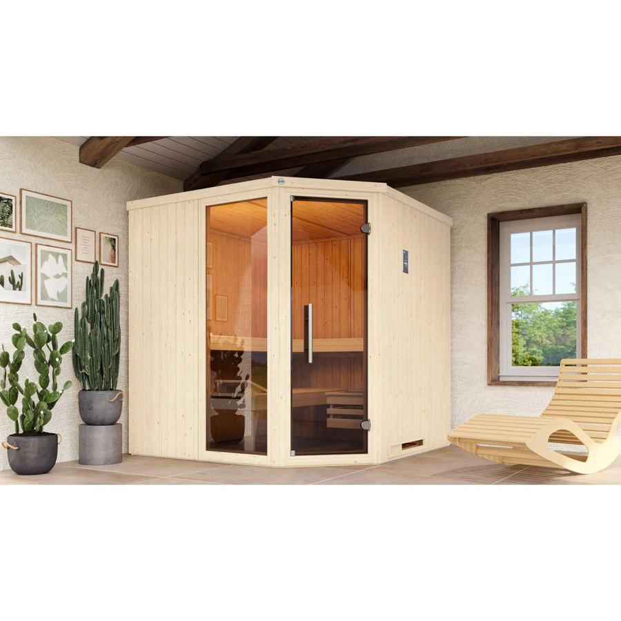 Weka Elementsauna Varberg 3 aus Fichtenholz in Braun mit 7,5 kW BioS-Ofenset, B/T/H: 194 x 194 x 199 cm - Bild 2