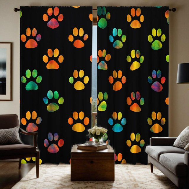 2er-Set Ösenschals mit Tierpfotenabdruck in Schwarz und Orange, halbtransparente Dekovorhänge für Wohnzimmer und Schlafzimmer, B: 132 cm, H: 160 cm - Bild 1
