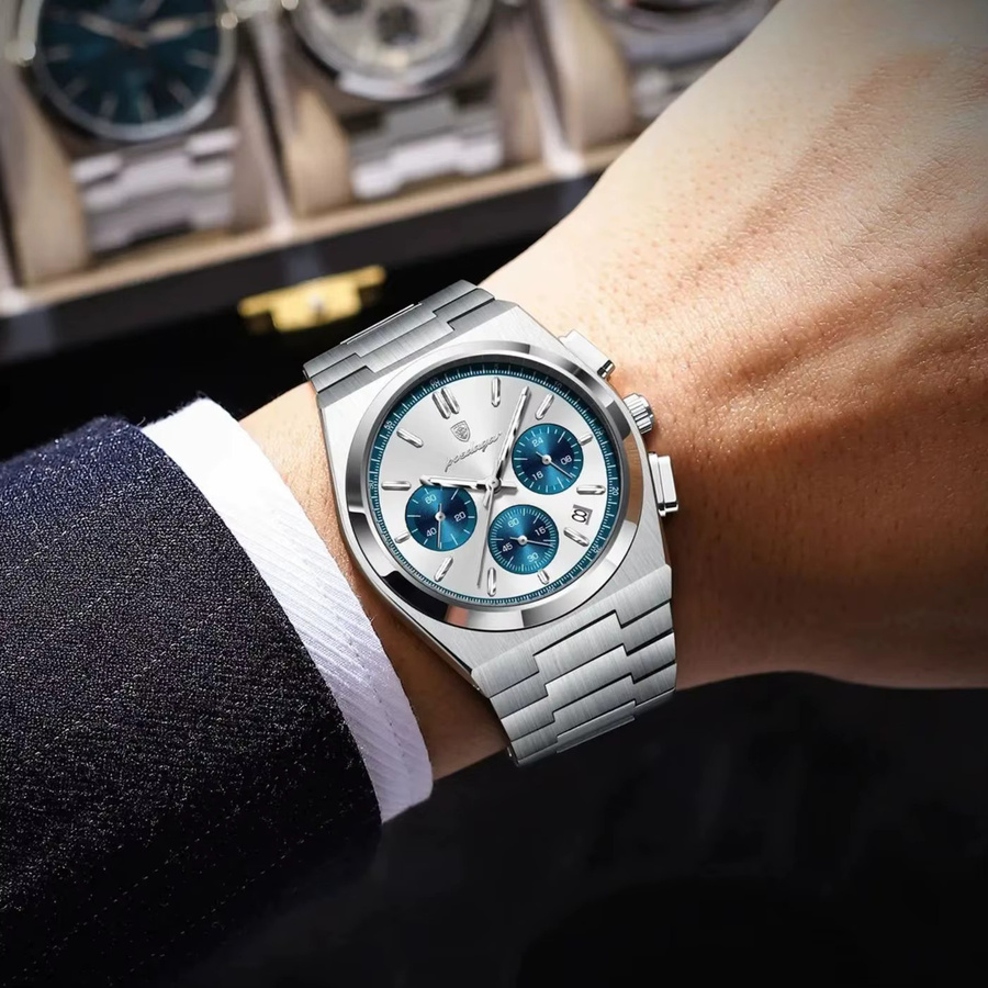 POEDAGAR Armbanduhr Chronograph, Quarz, Edelstahl, Blau, Herren - Bild 5