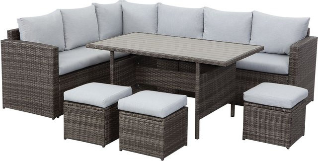 MeXo 7-teiliges Lounge Set aus Polyrattan in Grau mit Sofa, Ruhesesseln, Esstisch und Polstern für Garten und Balkon - Bild 1