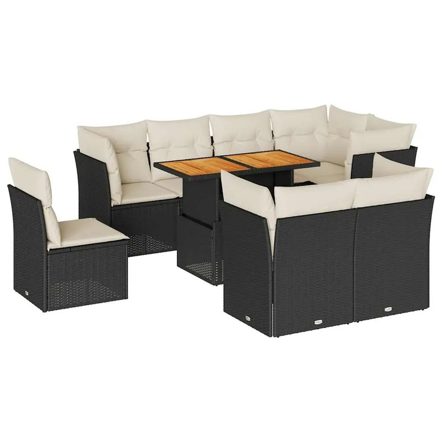 vidaXL 9-teilige Garten-Sofagarnitur aus Poly-Rattan und Akazienholz in Schwarz-Creme mit Kissen - Bild 2