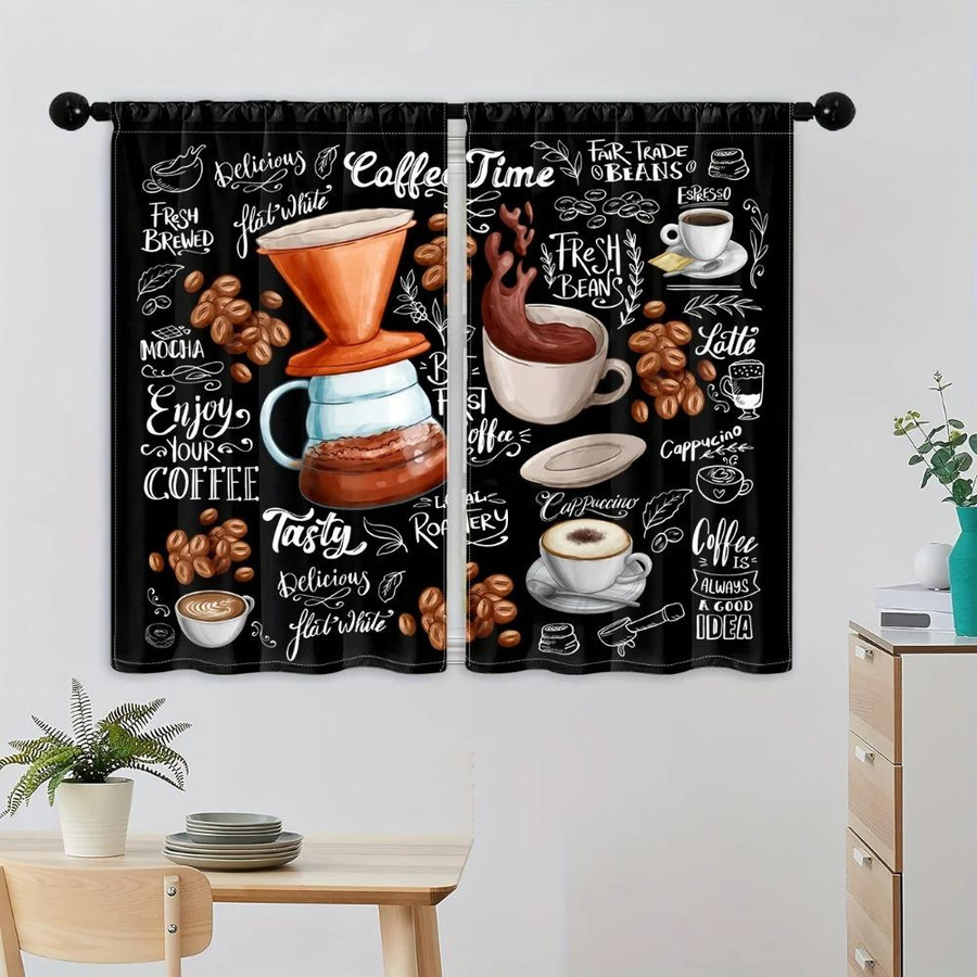 2er-Set Lichtfilternde Küchenvorhänge von Yiran Furniture mit 3D-Kaffeeillustration in Schwarz, B/H: 60 x 50 cm - Bild 2