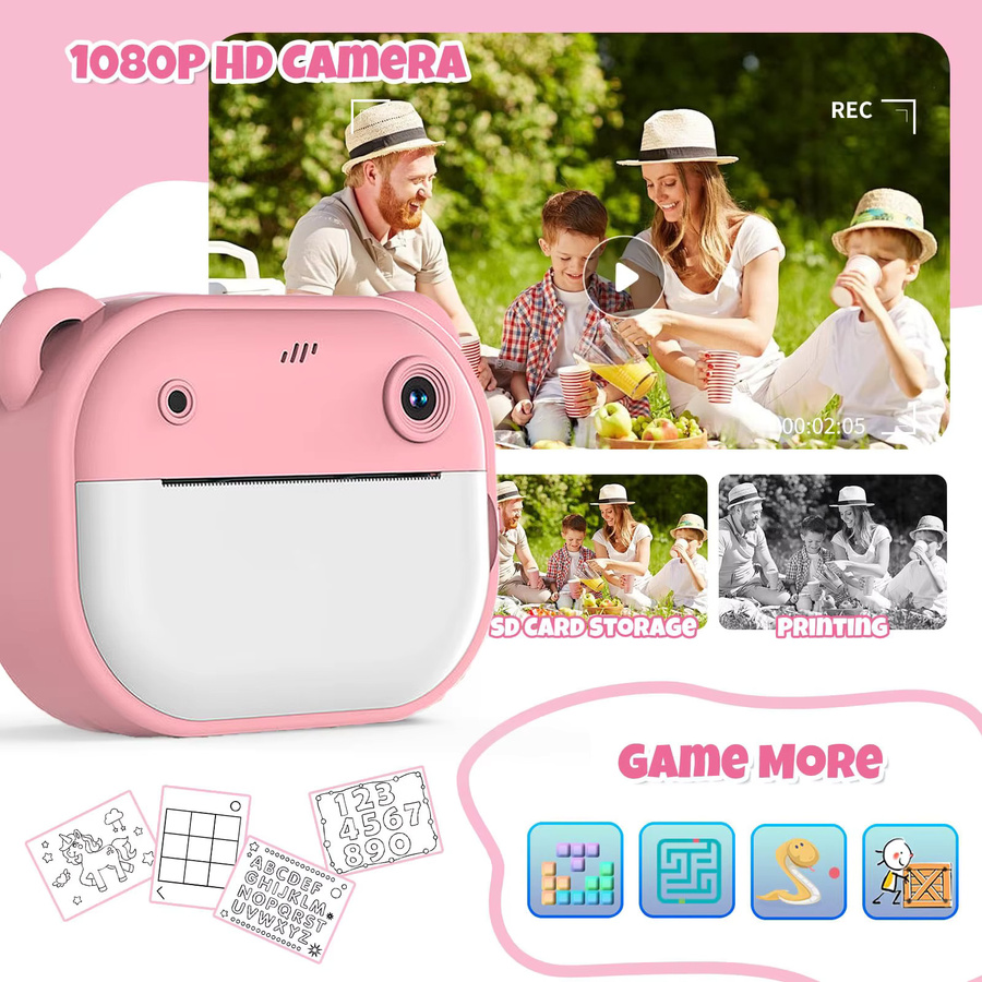Digitale Kinder-Sofortdruckkamera in Rosa mit 1080P Videorecorder, tragbare Druckkamera mit 32G-Speicher und integrierten Spielen für Kinder - Bild 2