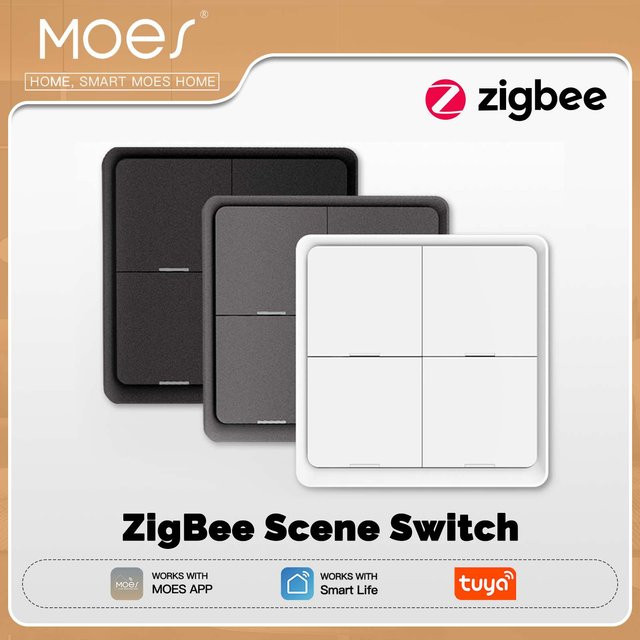 MOES 4-Gang Tuya ZigBee Wireless Scene Switch in Weiß mit 12 anpassbaren Automatisierungsszenarien und batteriebetriebener Drucktastensteuerung - Bild 1