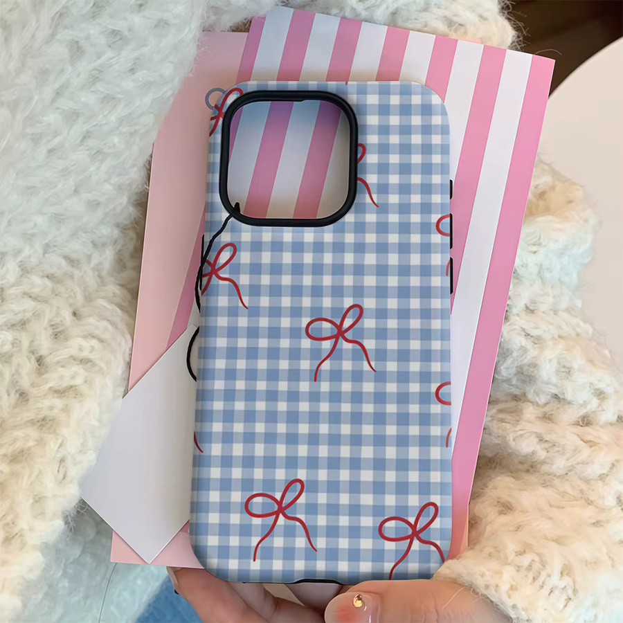 Handyhülle mit blauem Gingham-Muster und roten Schleifen für Apple iPhone 11 bis iPhone 17 Pro Max Plus, doppelschichtige Rückseite - Bild 2