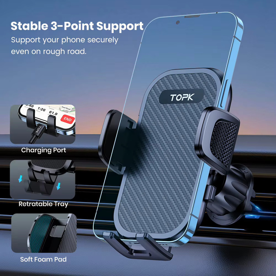 TOPK D42-G Kfz-Handyhalterung in Schwarz mit Metallhaken für Lüftungsschlitze und ultrastabile Freisprecheinrichtung für alle Smartphones - Bild 5