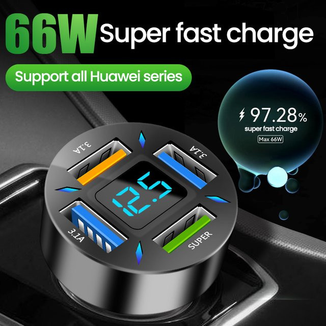 66 W Autoladegerät mit 4 USB Ports (USB-A und USB-C) für Schnellladung, Schwarz - Bild 1