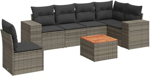 vidaXL 7-tlg Garten-Sofagarnitur in L-Form aus Polyrattan und Akazienholz mit Kissen, Grau - Bild 1