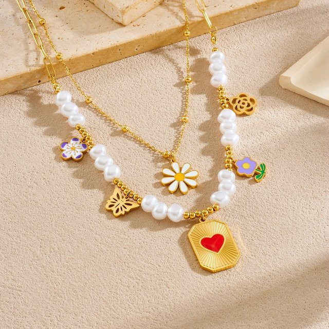 xiyanike Halskette 2-Schicht, Edelstahl, Perle, Gold, Damen - Bild 1