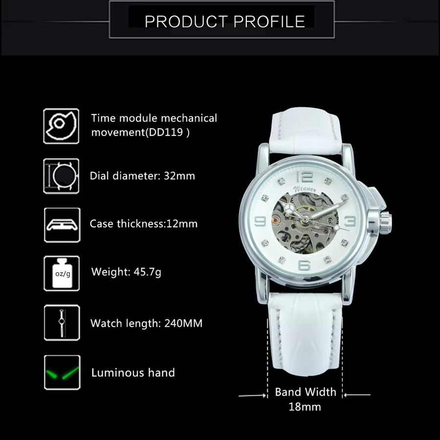 WINNER Armbanduhr Skelett, Automatik, Edelstahl, Silber, Leder, Damen - Bild 4