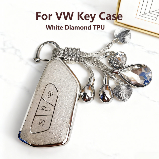 ICAR White Diamond TPU Autoschlüssel Etui für VW Golf 8 Mk8 GTI GTD R ID3 ID4 mit 3-Tasten-Fernbedienung und Schlüsselanhänger in Weiß - Bild 1