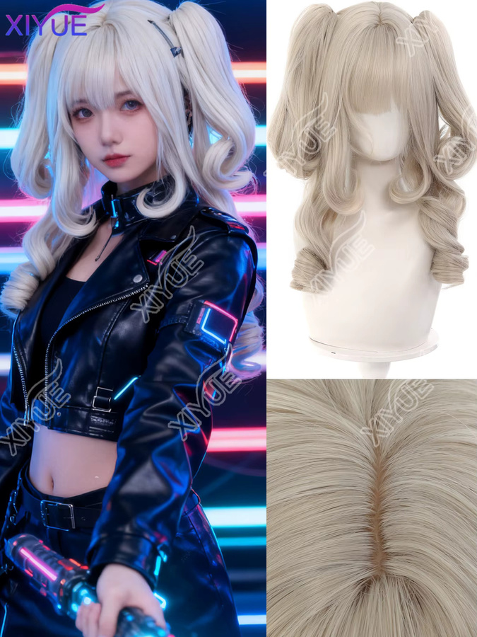 XIYUE Lolita Perücke, Synthetisch, Doppel Pferdeschwanz mit Pony, Weiß Grau, Damen - Bild 3