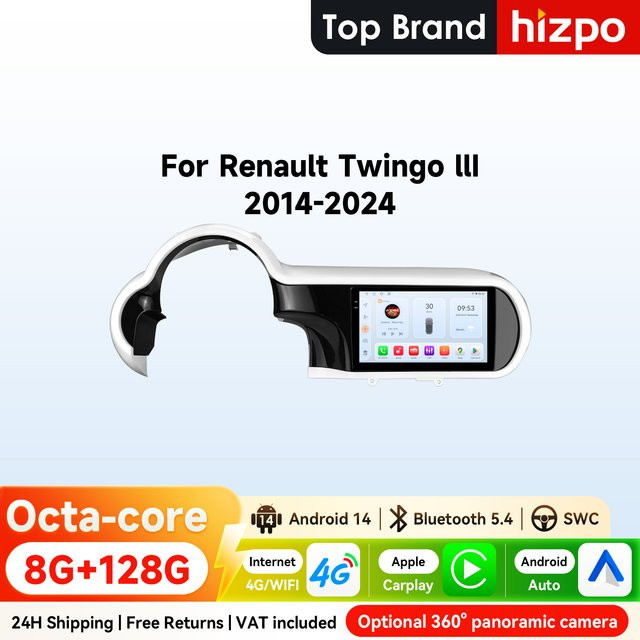 Hizpo 2Din 9 Zoll Android 14 Autoradio für Renault Twingo 3 (2014–2024) mit Snapdragon 6115, GPS, Bluetooth, 4G und 360 Grad Kamera Unterstützung in Schwarz - Bild 1