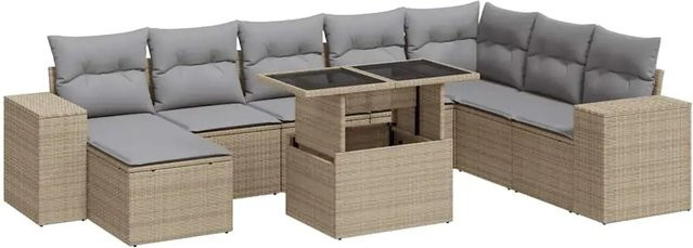 vidaXL 9-tlg. Garten-Sofagarnitur in L-Form aus Poly-Rattan mit Kissen in Beige-grau - Bild 1