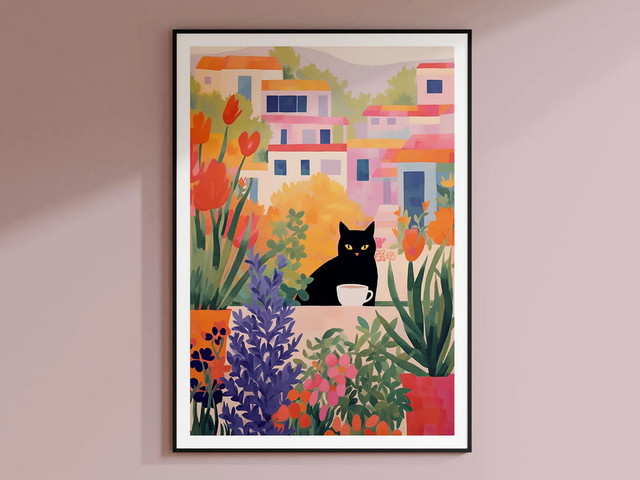 SHENCHEN Blumen-Kunstdruck mit Katze und botanischen Illustrationen, Mehrfarbig, Papierposter - Bild 1