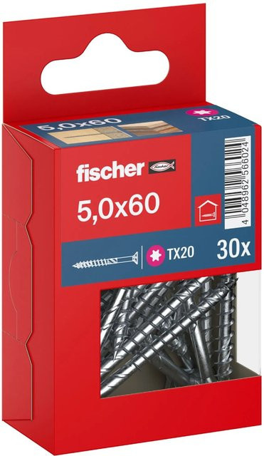Fischer PowerFast II Senkkopf Teilgewinde Schraube mit Torx-Antrieb aus verzinktem Stahl, Farbe: Silber/Blau, Durchmesser: 5 mm, Länge: 60 mm, 30 Stück - Bild 1
