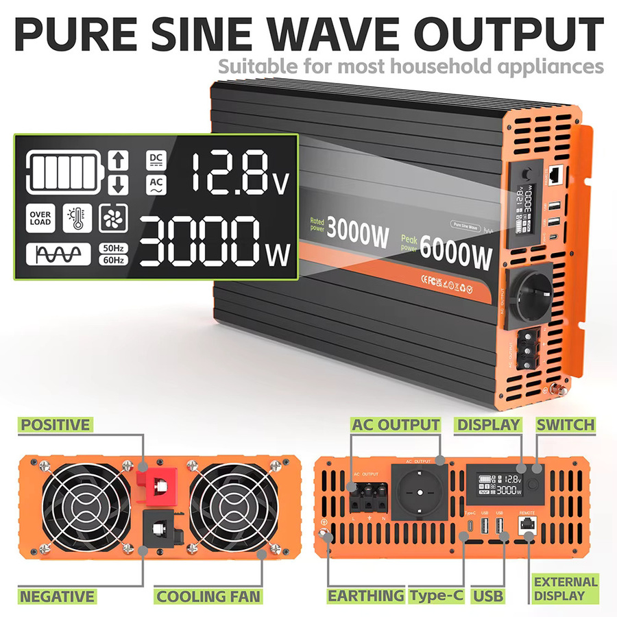 YULONGNE Reiner Sinus-Wechselrichter 3000W mit 6000W Spitzenleistung, DC12V zu AC230V, Schwarz, mit Fernbedienung und LCD-Display für Wohnmobile, LKW und Notstromversorgung - Bild 3