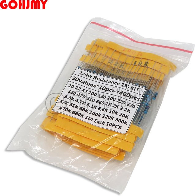 GOHJMY Metallschichtwiderstand Set mit 30 Arten, 1/4 W, 1 % Toleranz, sortiertes Kit in Multicolor, 300 Stück/Set - Bild 1