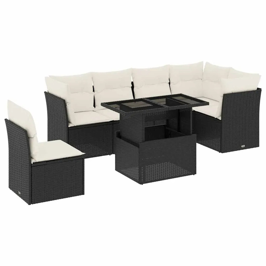 vidaXL 7-teilige Garten-Sofagarnitur in L-Form aus Poly-Rattan mit Kissen in Schwarz-Creme - Bild 2