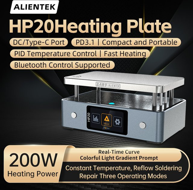 ALIENTEK HP20 Mini Heizplatte Vorwärmer mit digitaler Temperatursteuerung 350 °C, 200W, Silber - Bild 1