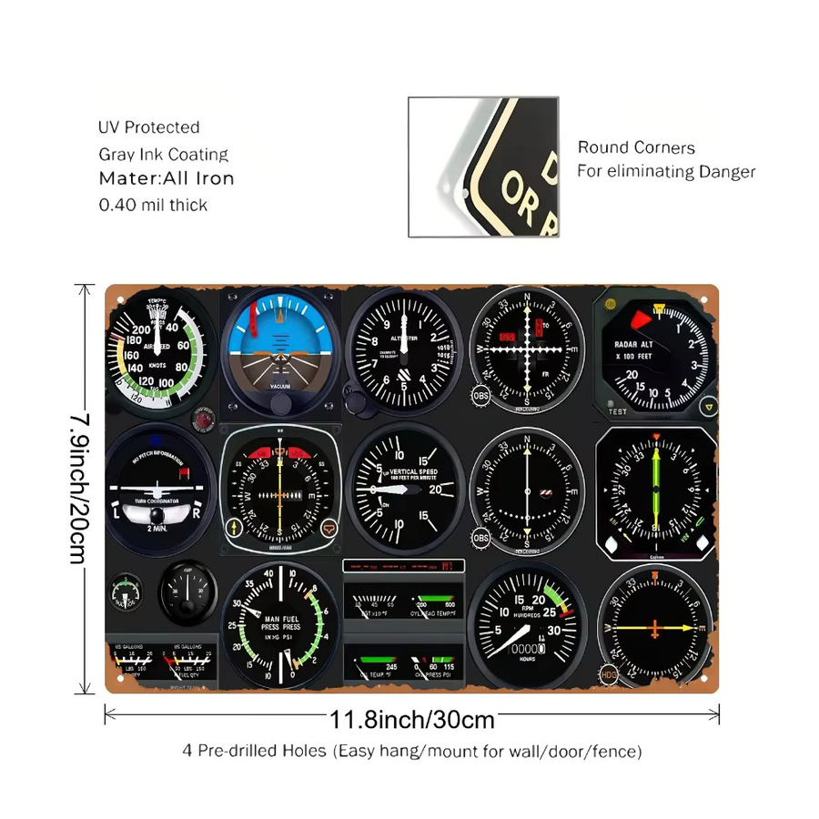 CIFBUY Vintage Flugzeug-Cockpit-Panel Metallschild als Retro Wanddekoration mit Tachometer und Höhenmesser in Multicolour - Bild 3