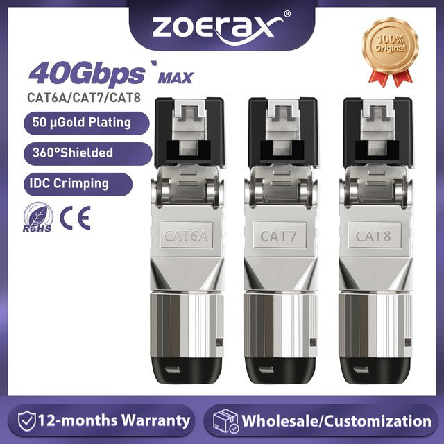 ZoeRax RJ45 Modularstecker Cat8 geschirmt, werkzeugloser Ethernet LAN Stecker für 22AWG-24AWG, 2000MHz 40G, Silber - Bild 1
