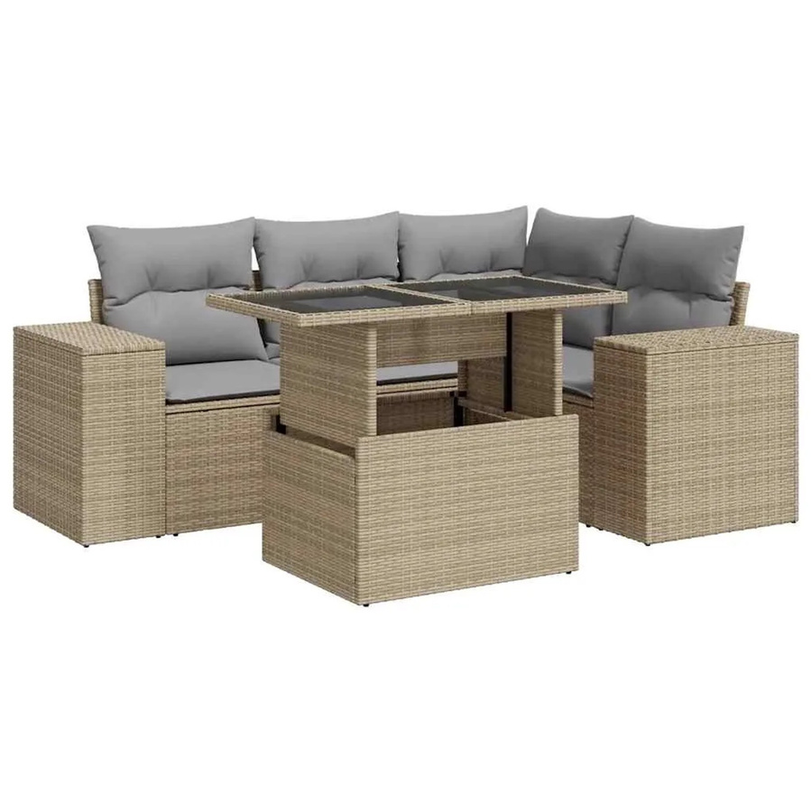 vidaXL 5-teilige Garten-Sofagarnitur in L-Form aus Poly-Rattan in Beige-Grau mit UV-beständigen Kissen und Metallrahmen - Bild 2