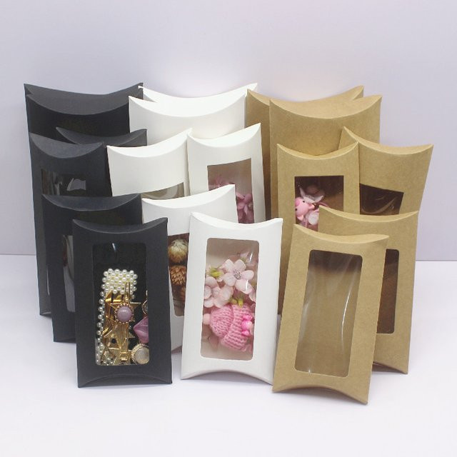 10 Stück DIY-Geschenkverpackungen mit Sichtfenster als Kissenboxen aus Kraftpapier in Weiß, Braun und Schwarz - Bild 1