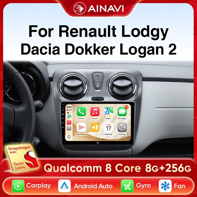 Ainavi Autoradio mit drahtlosem CarPlay und Android Auto für Dacia Lodgy, Renault Logan 2 und Sandero 2, Schwarz, 2 Din - Bild 1
