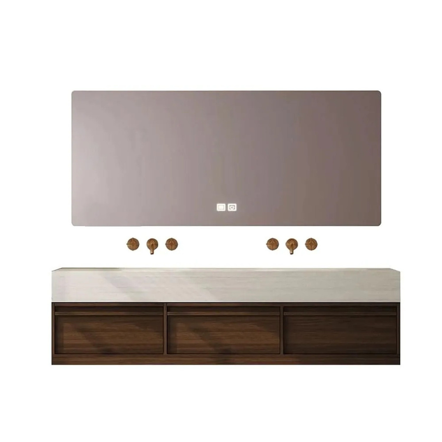 360Home Doppelwaschbecken Set aus Keramik in Schwarz mit LED Spiegel und Schrank, B/T/H: 140 x 55 x 35 cm - Bild 2