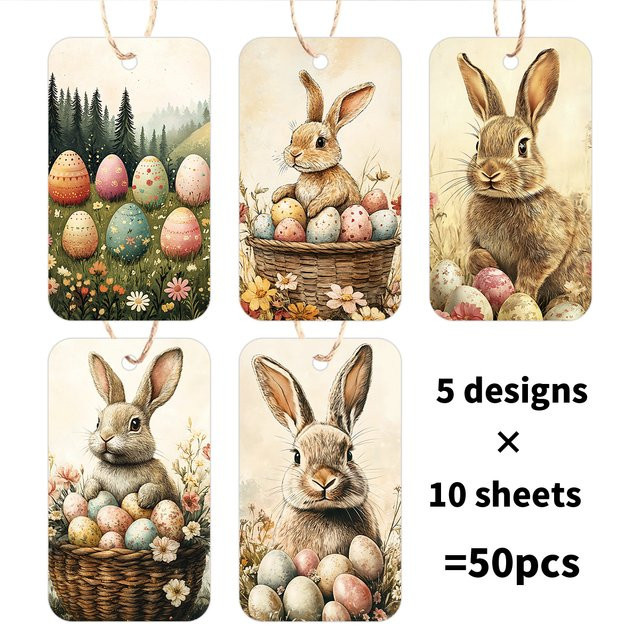 50 Stück Osterhasen-Geschenkanhänger aus Papier mit Hanfseil in Multicolor für deine Geschenkverpackungen und Osterdeko - Bild 1