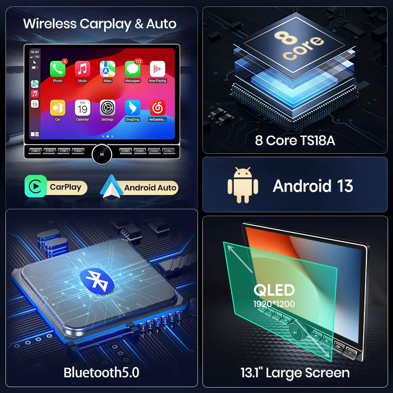Junsun QLED Wireless CarPlay Android Auto Autoradio für Volkswagen Multivan T5 2008-2015 mit 13,1 Zoll Display in Schwarz - Bild 3