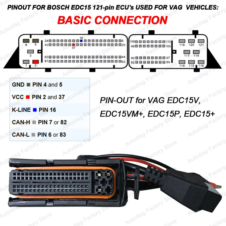 Bosch ECU-Programmierkabel mit OBDII-Anschluss und VAG Anschlussadapter für ME7/EDC15/EDC15P/EDC15V/EDC15VM, Schwarz - Bild 3