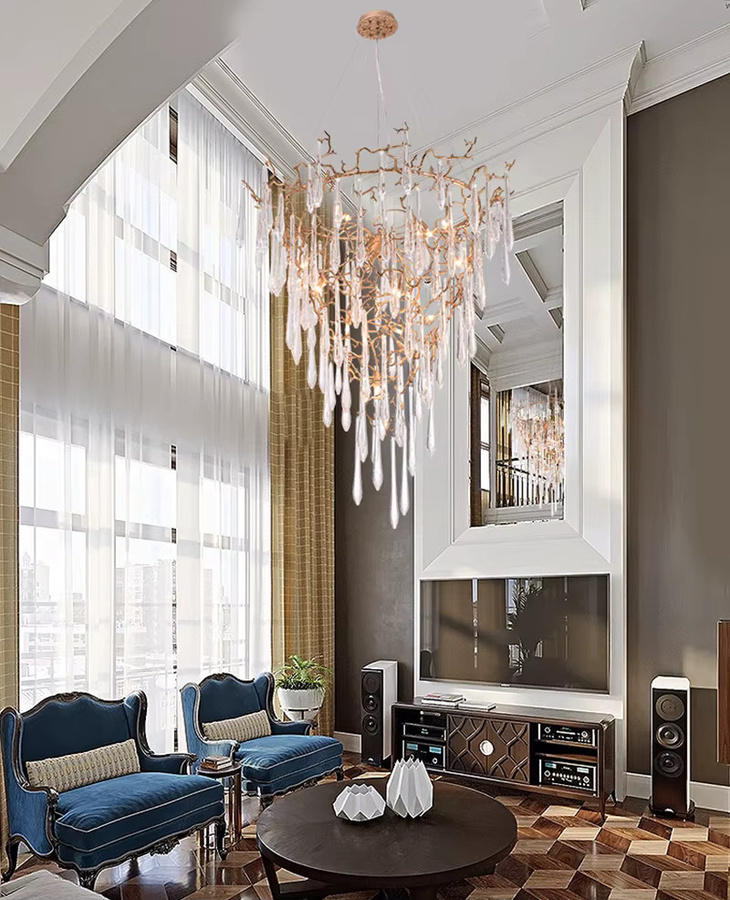 Phube Moderne Kristall-Kronleuchter in Gold und Messing mit Baumzweig-Design für Foyer und Treppenhaus, Höhe: 120 cm, Breite: 60 cm, Tiefe: 60 cm - Bild 5