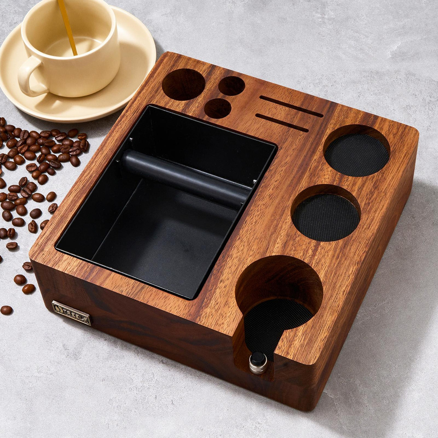 TREELF 3 in 1 Espresso-Knockbox und Tamping Station mit Anti-Druck-Pad für 51/54mm Siebe, Braun - Bild 3