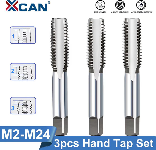 XCAN 3-teiliges Gewindebohrer-Set M2-M24 aus HSS in Silber für die Metallbearbeitung - Bild 1