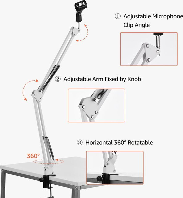 Painter Mikrofonständerhalter Tisch Lazy Bracket mit ausziehbarem Arm und Mikrofonclip in Weiß - Bild 1