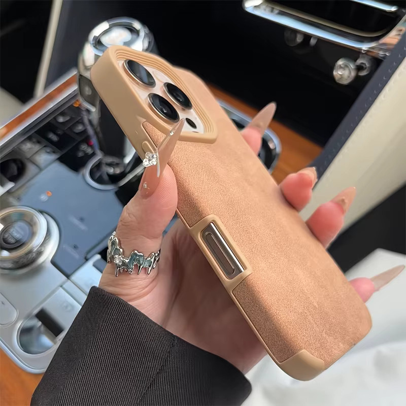 Ojeleye Business Wildleder Handyhülle mit Anti-Rutsch-Funktion für iPhone 16, 15, 14, 13, 12, 11 Pro Max Plus in Braun - Bild 4