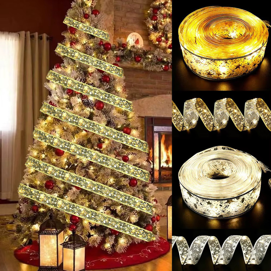 Glitzerndes Weihnachtsband in Gold mit Sternen-Motiv, 10 m Textilband mit Draht für Weihnachtsbaum, Kränze und Geschenkverpackungen - Bild 2