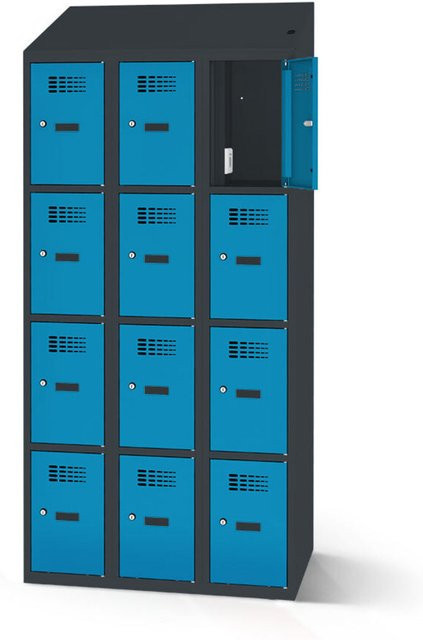 rotstahl Fächerschrank mit 12 Fächern und Ladefunktion, blau, Korpus anthrazitgrau, B: 90 cm, H: 200 cm - Bild 1