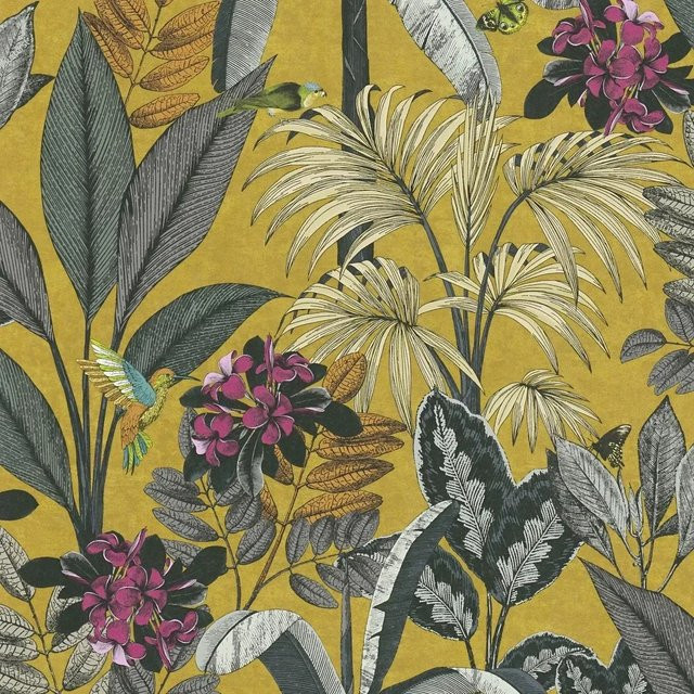 Profhome Vliestapete Dschungel mit Vögeln und Naturmotiven in Gelb, Grau, Lila und Türkis, Matt, B x H: 0,53 m x 10,05 m - Bild 1