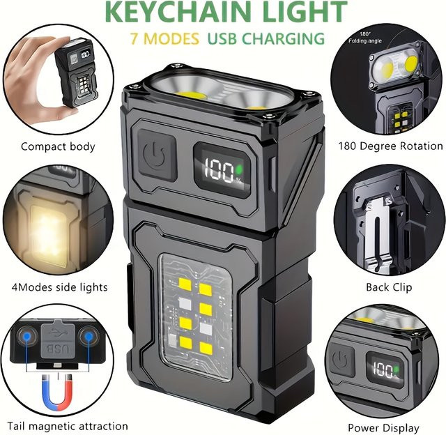 XIWANGFIRE Mini wiederaufladbare LED-Taschenlampe mit COB-Seitenlicht, Clip und Magnet, Schwarz - Bild 1