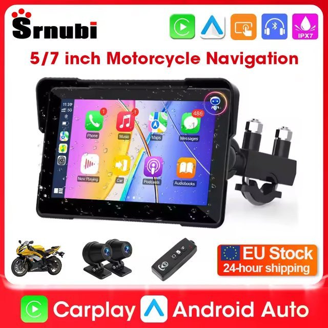 Srnubi Tragbares Motorrad GPS Navigationssystem mit 7 Zoll Bildschirm, Wasserdichter Android Auto und Wireless CarPlay Monitor in Schwarz mit Bluetooth und DVR - Bild 1