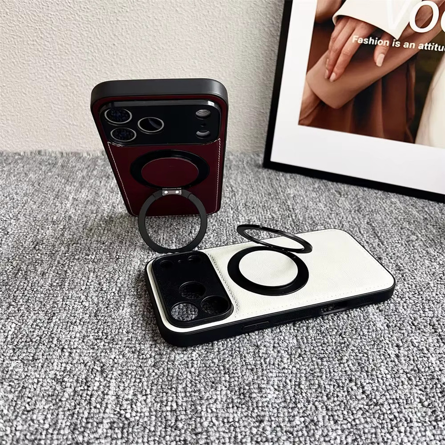 Magnetische Lederhülle in Weiß für iPhone 17 Air 16 15 14 13 12 Pro Max Plus mit 360 Grad drehbarem Metallringständer und MagSafe-Kompatibilität - Bild 3